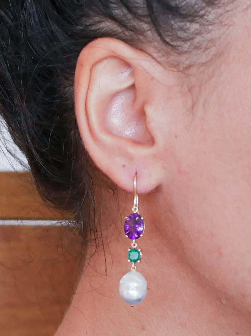 Pearls, Amethysts, Emeralds, 14 Karat Rose Gold Dangle Earrings. In New Condition For Sale In Marcianise, Marcianise (CE)