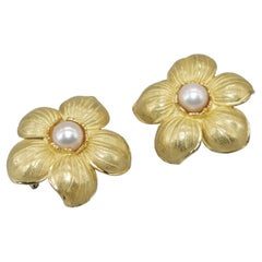 Pearls and 18 Karat Yellow Gold Hand Made Bianco Spino Flower Earrings