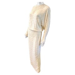 Pearls and Bugle Beads Embellished Crème Silk Gown by Pavé Beverly Hills Size 8
