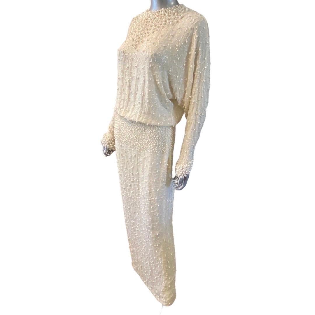 Pearls and Bugle Beads Embellished Crème Silk Gown by Pavé Beverly Hills Size 8 For Sale 2