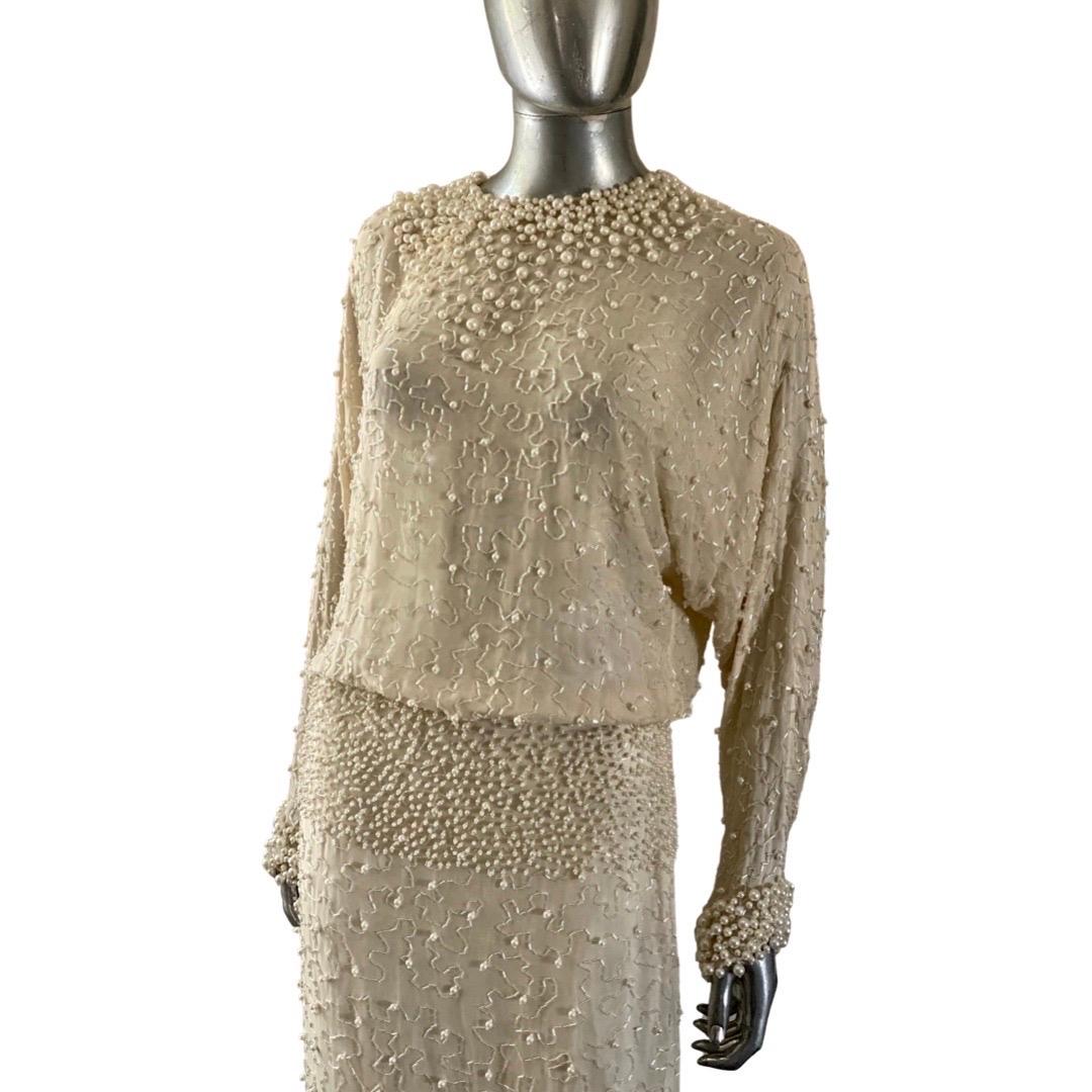 Pearls and Bugle Beads Embellished Crème Silk Gown by Pavé Beverly Hills Size 8 For Sale 4