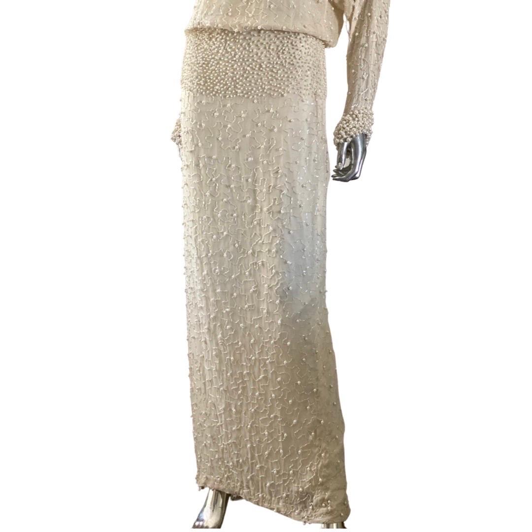 Pearls and Bugle Beads Embellished Crème Silk Gown by Pavé Beverly Hills Size 8 For Sale 5