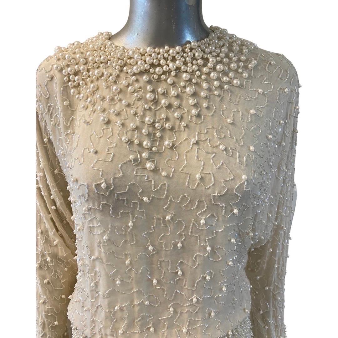 Pearls and Bugle Beads Embellished Crème Silk Gown by Pavé Beverly Hills Size 8 For Sale 6
