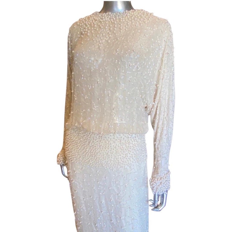 Pearls And Bugle Beads Embellished Crme Silk Gown By Pav Beverly Hills Size 8