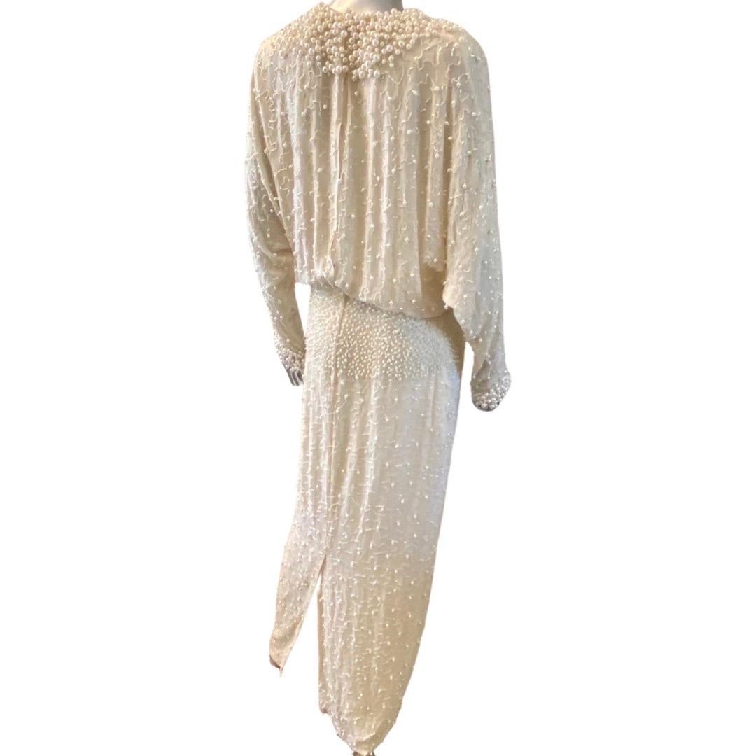 Beige Pearls and Bugle Beads Embellished Crème Silk Gown by Pavé Beverly Hills Size 8 For Sale