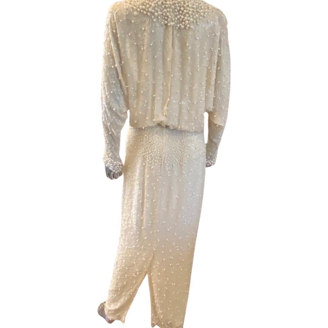 Women's Pearls and Bugle Beads Embellished Crème Silk Gown by Pavé Beverly Hills Size 8 For Sale