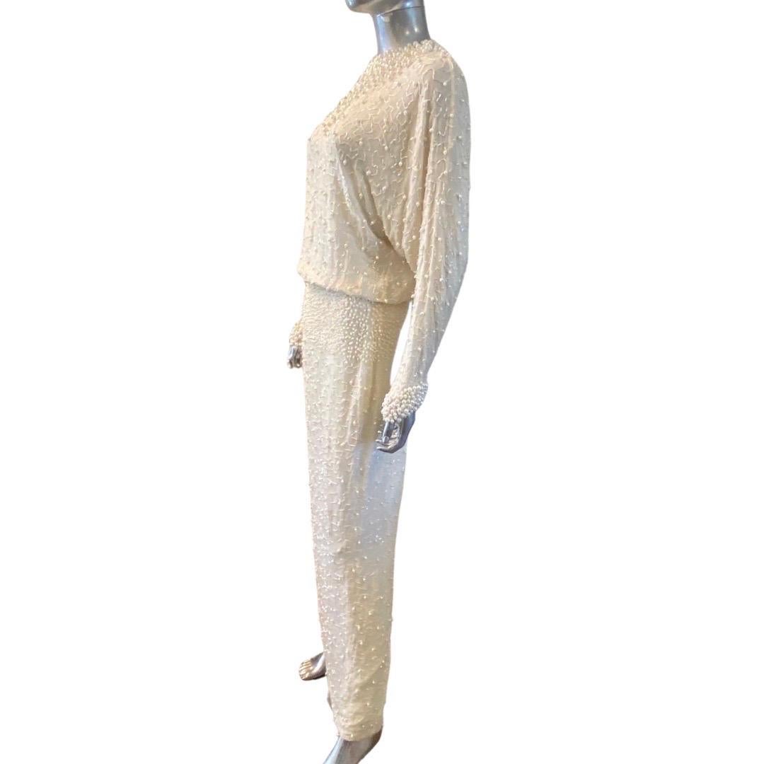 Pearls and Bugle Beads Embellished Crème Silk Gown by Pavé Beverly Hills Size 8 For Sale 1