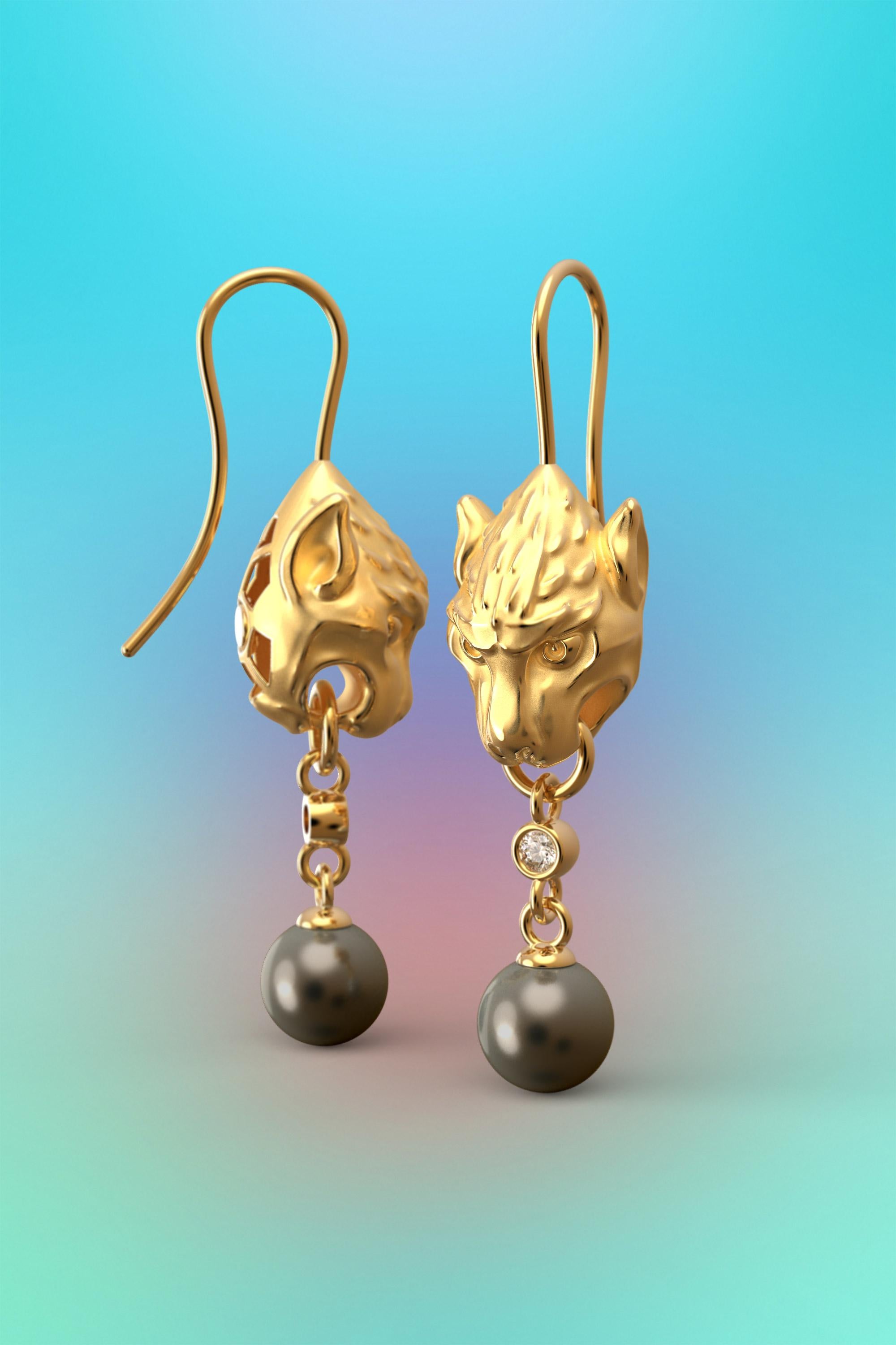 Gothic Revival  Pearls and Diamonds 14k Gold Earrings, Gothic Gargoyle Earrings Made in Italy For Sale