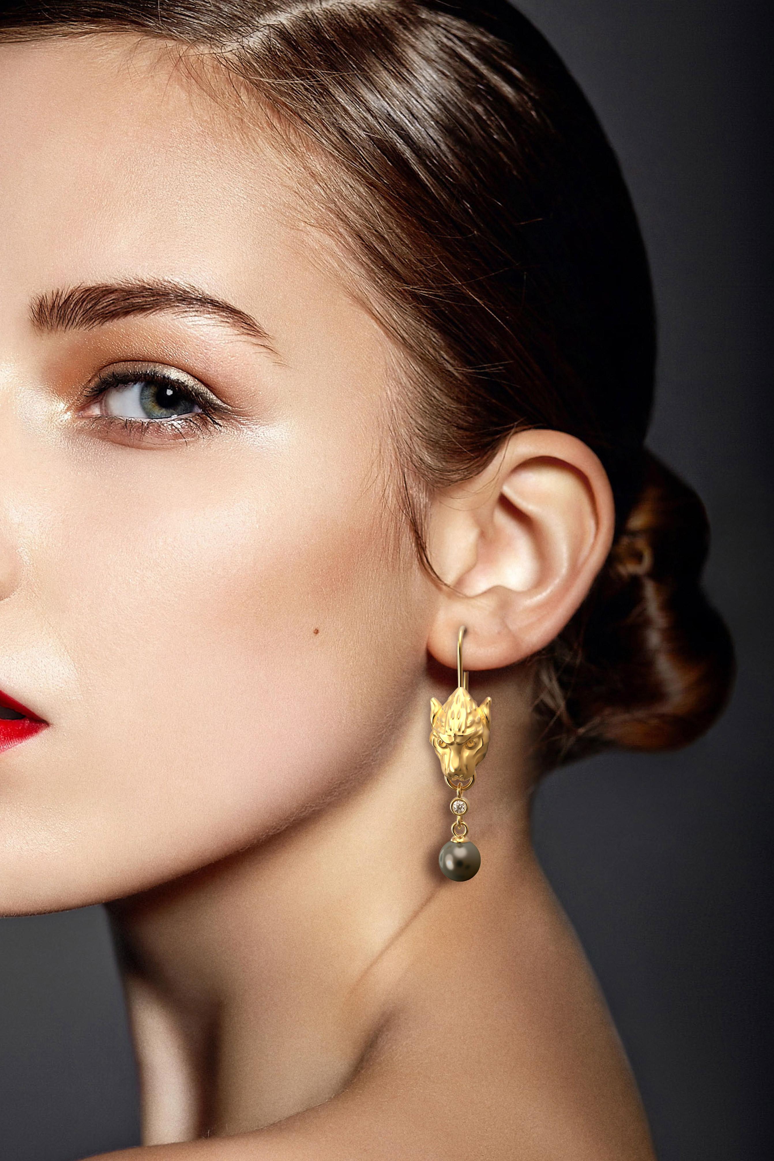  Ohrringe aus 14k Gold mit Perlen und Diamanten, gotische Gargoyle-Ohrringe, hergestellt in Italien (Brillantschliff) im Angebot