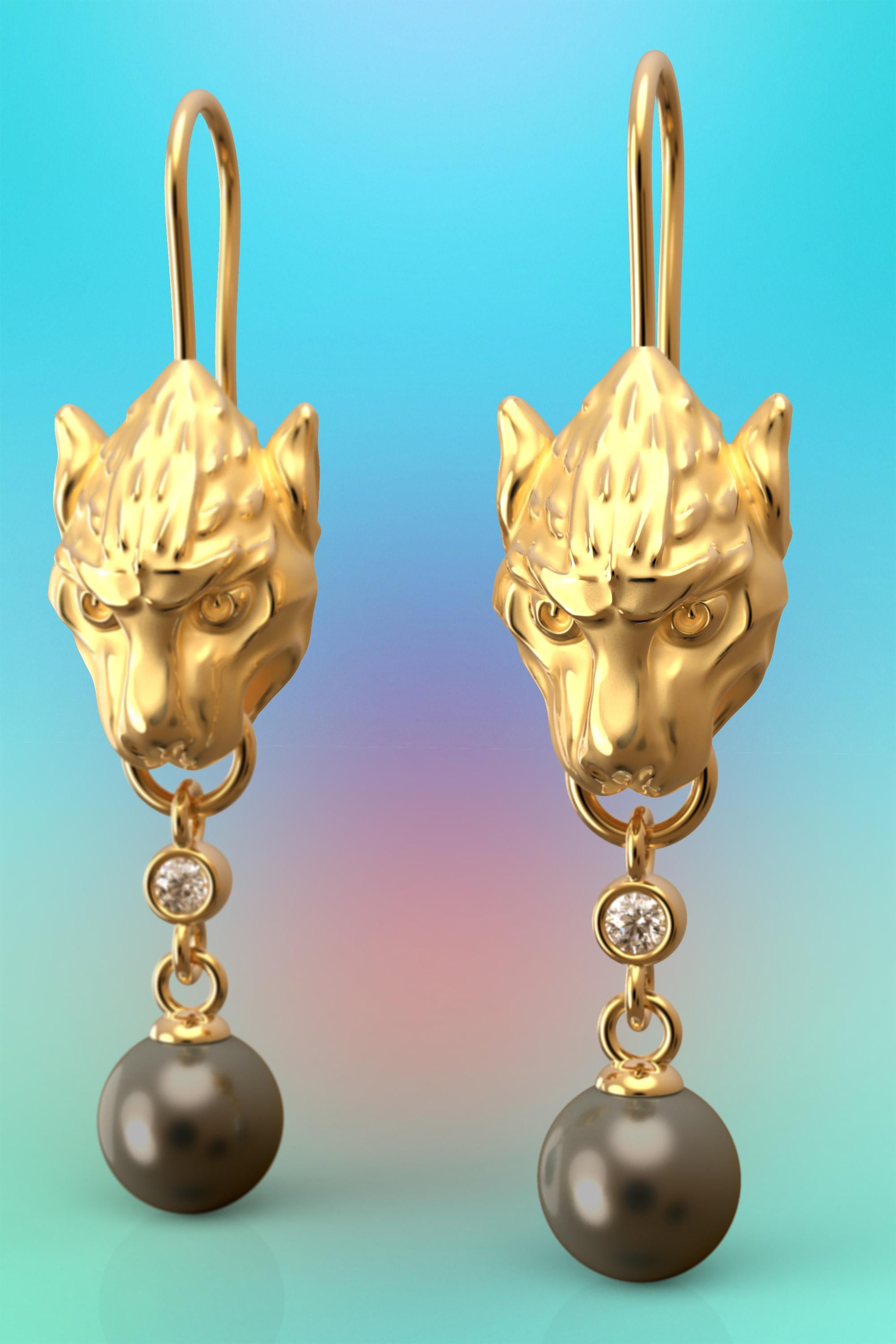  Pearls and Diamonds 14k Gold Earrings, Gothic Gargoyle Earrings Made in Italy In New Condition For Sale In Camisano Vicentino, VI