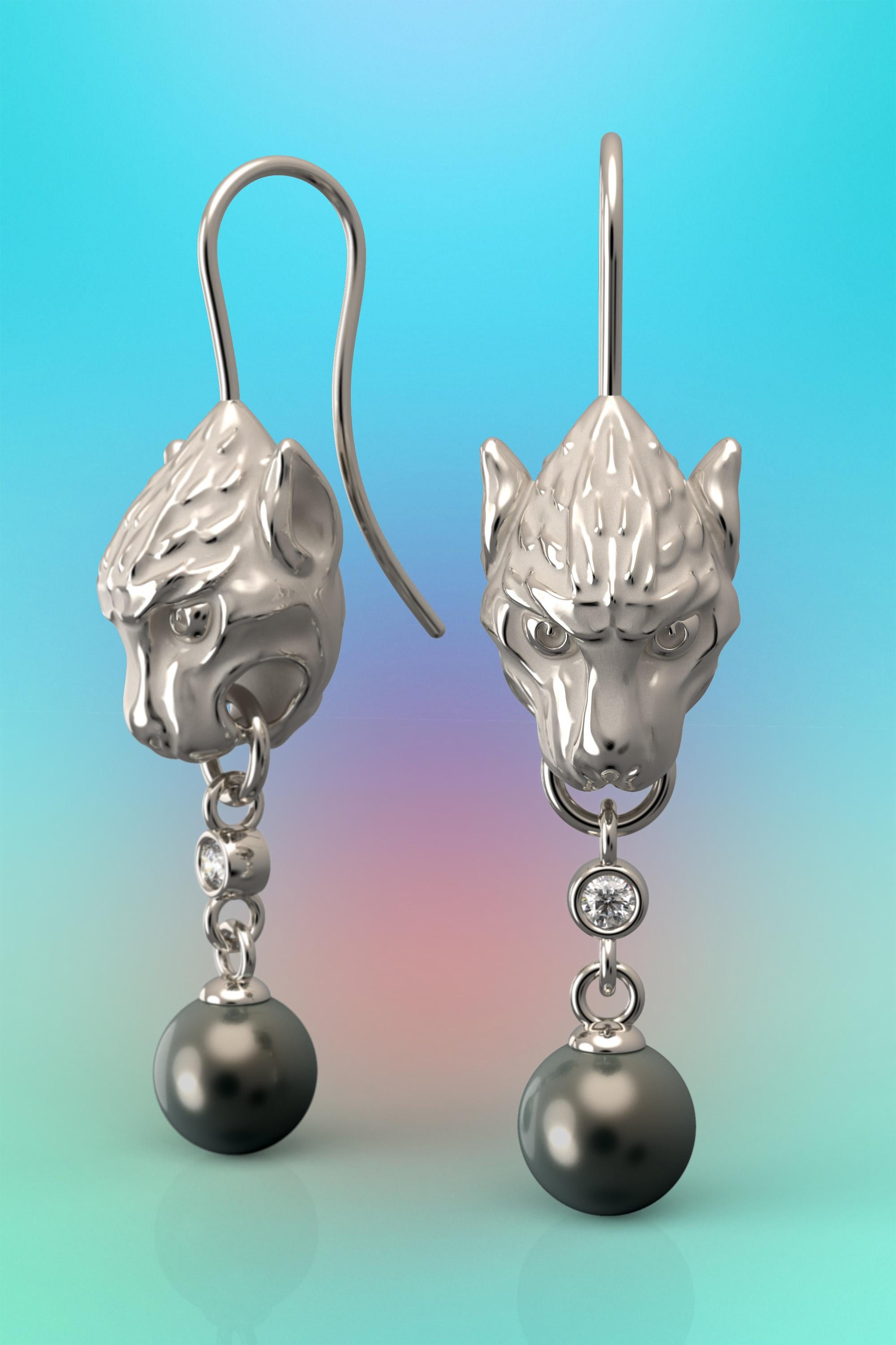  Pearls and Diamonds 14k Gold Earrings, Gothic Gargoyle Earrings Made in Italy For Sale 1