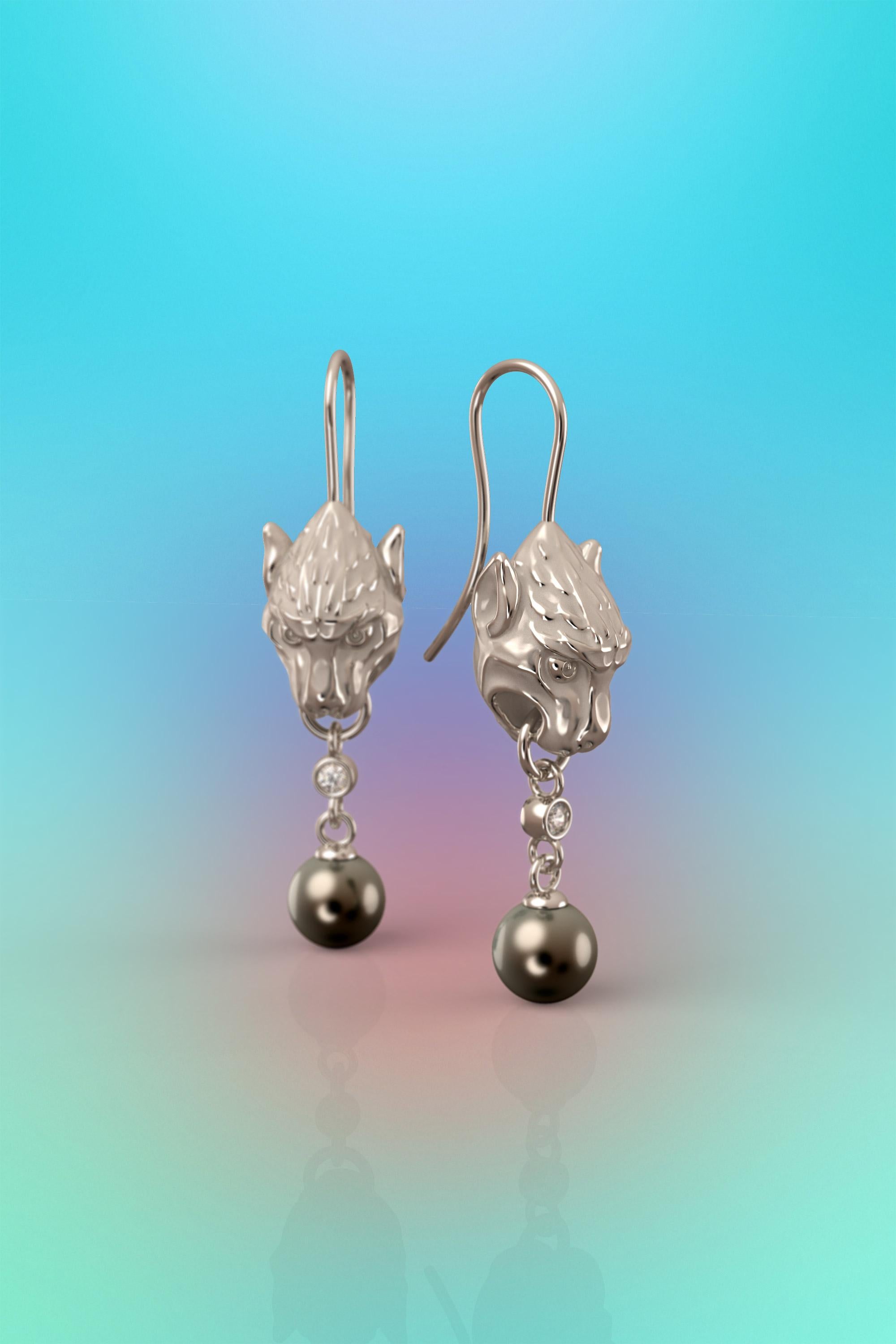  Pearls and Diamonds 14k Gold Earrings, Gothic Gargoyle Earrings Made in Italy For Sale 3
