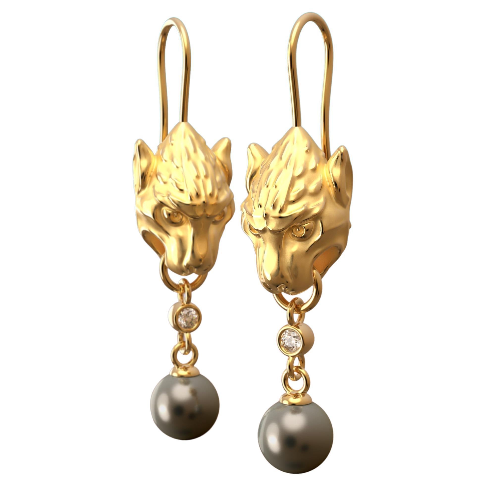  Pearls and Diamonds 14k Gold Earrings, Gothic Gargoyle Earrings Made in Italy For Sale