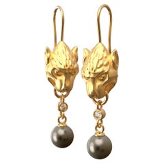  Pearls and Diamonds 14k Gold Earrings, Gothic Gargoyle Earrings Made in Italy