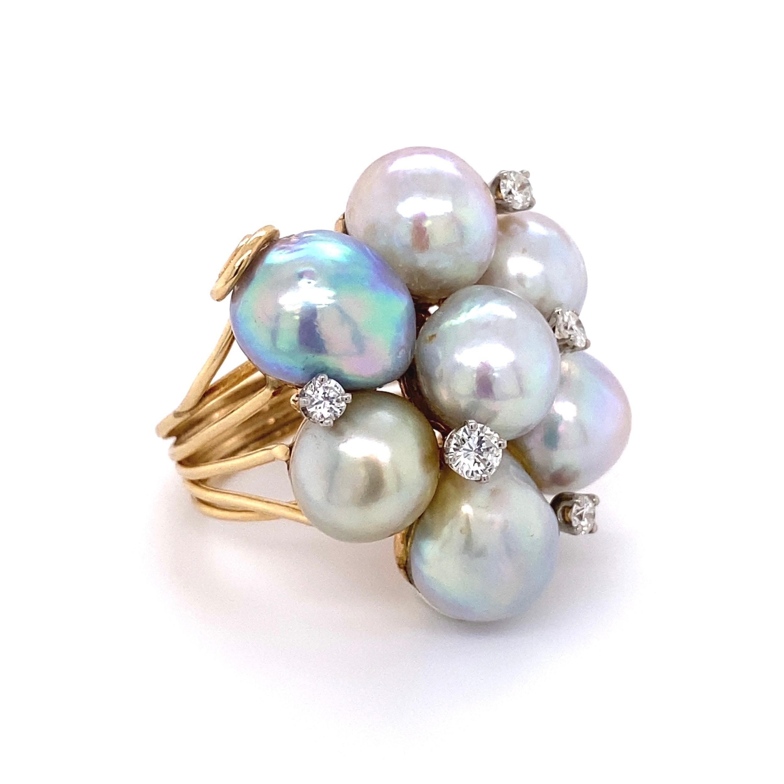 Brilliant Cut Pearls and Diamonds Modernist Gold Cocktail Cluster Ring Estate Fine Jewelry