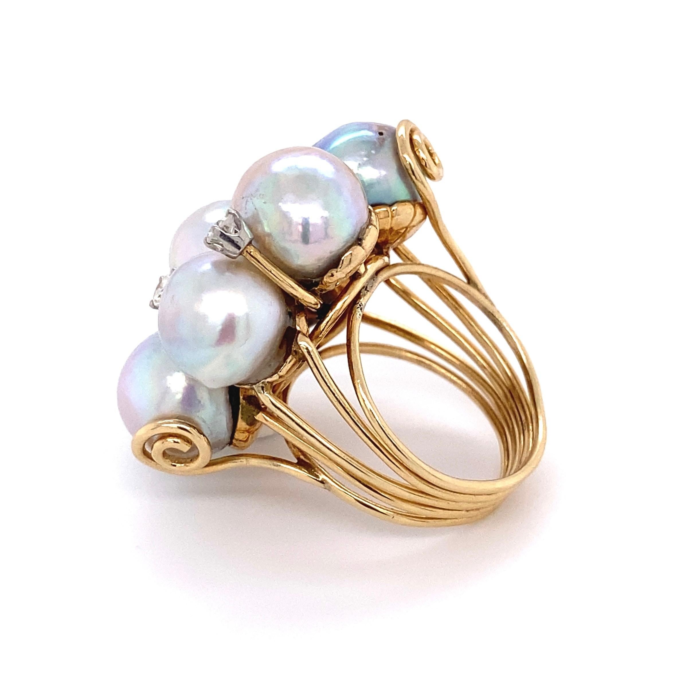 Women's Pearls and Diamonds Modernist Gold Cocktail Cluster Ring Estate Fine Jewelry
