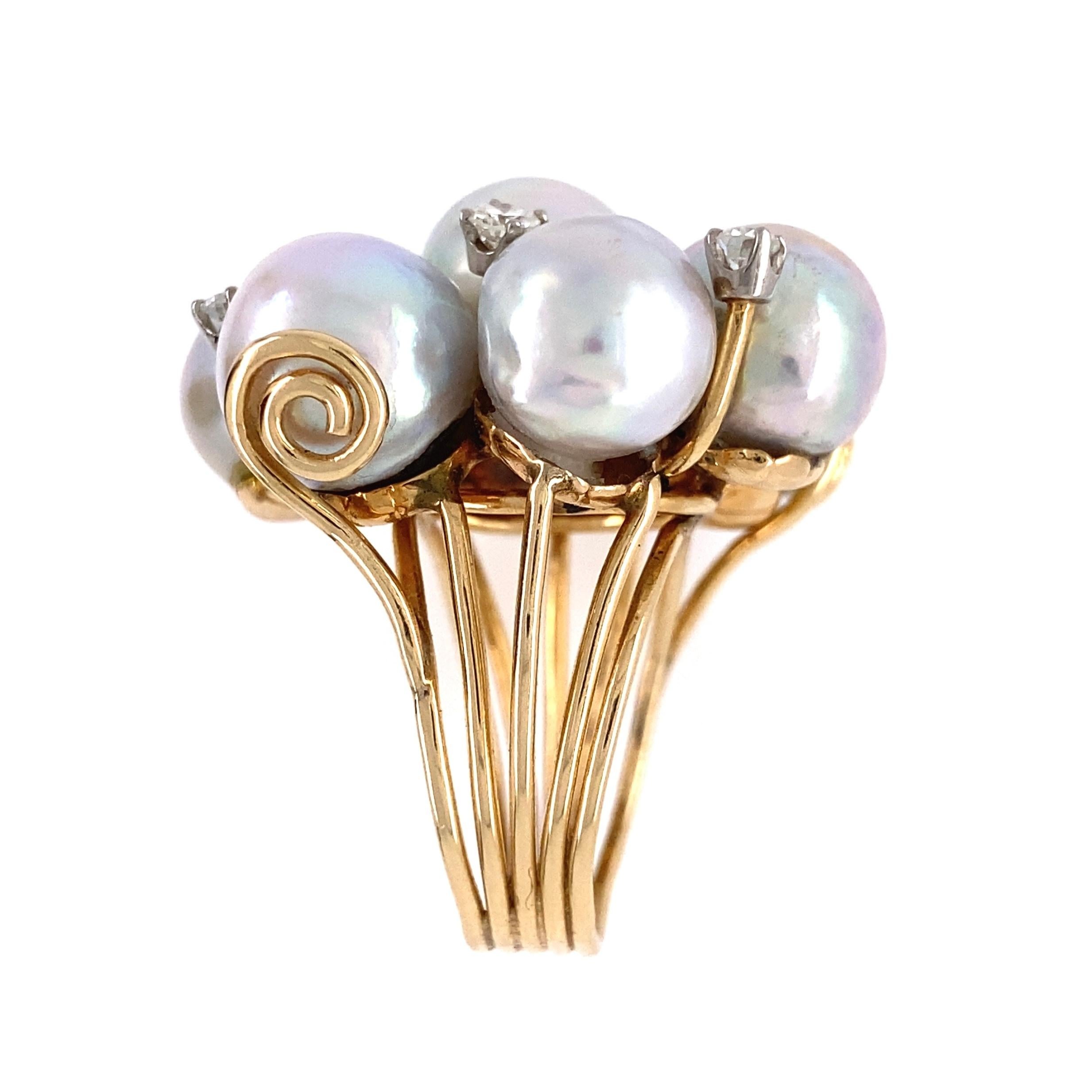 Pearls and Diamonds Modernist Gold Cocktail Cluster Ring Estate Fine Jewelry 1