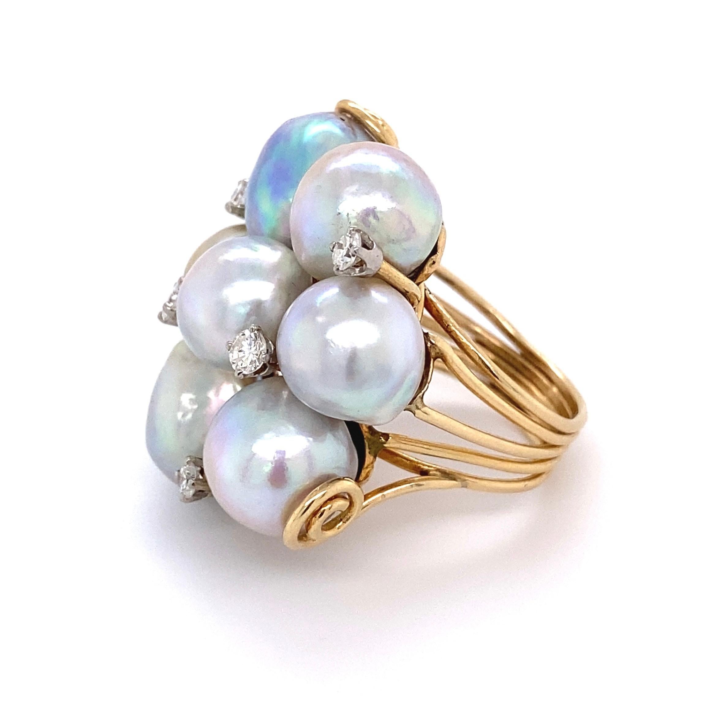 Pearls and Diamonds Modernist Gold Cocktail Cluster Ring Estate Fine Jewelry 2