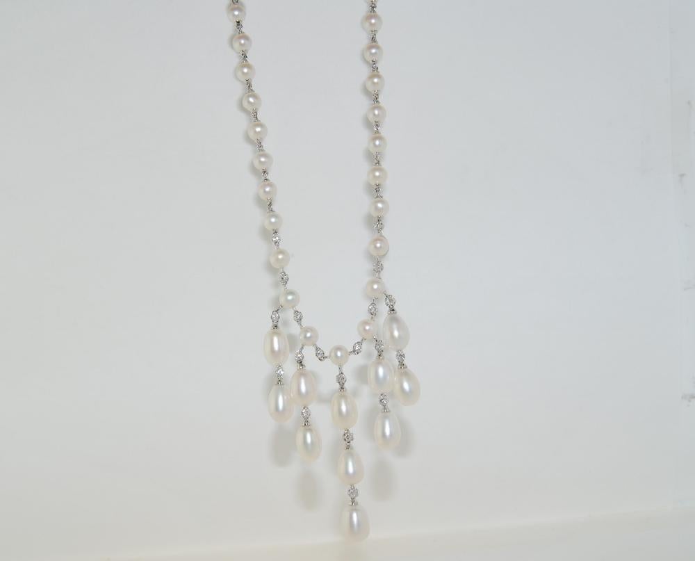 Round Cut Pearls and Diamonds Necklace in 14 Karat White Gold For Sale