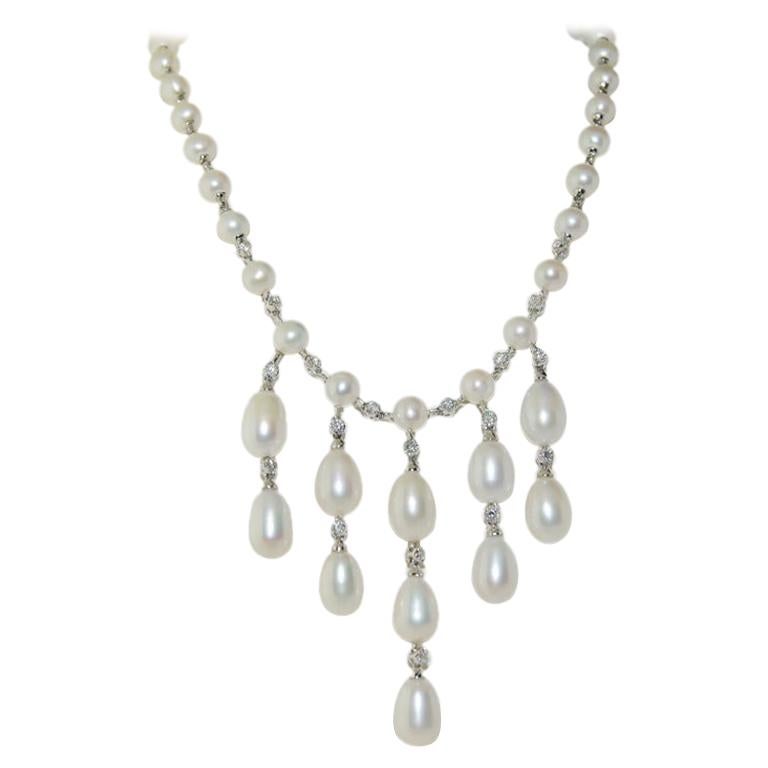 Pearls and Diamonds Necklace in 14 Karat White Gold For Sale