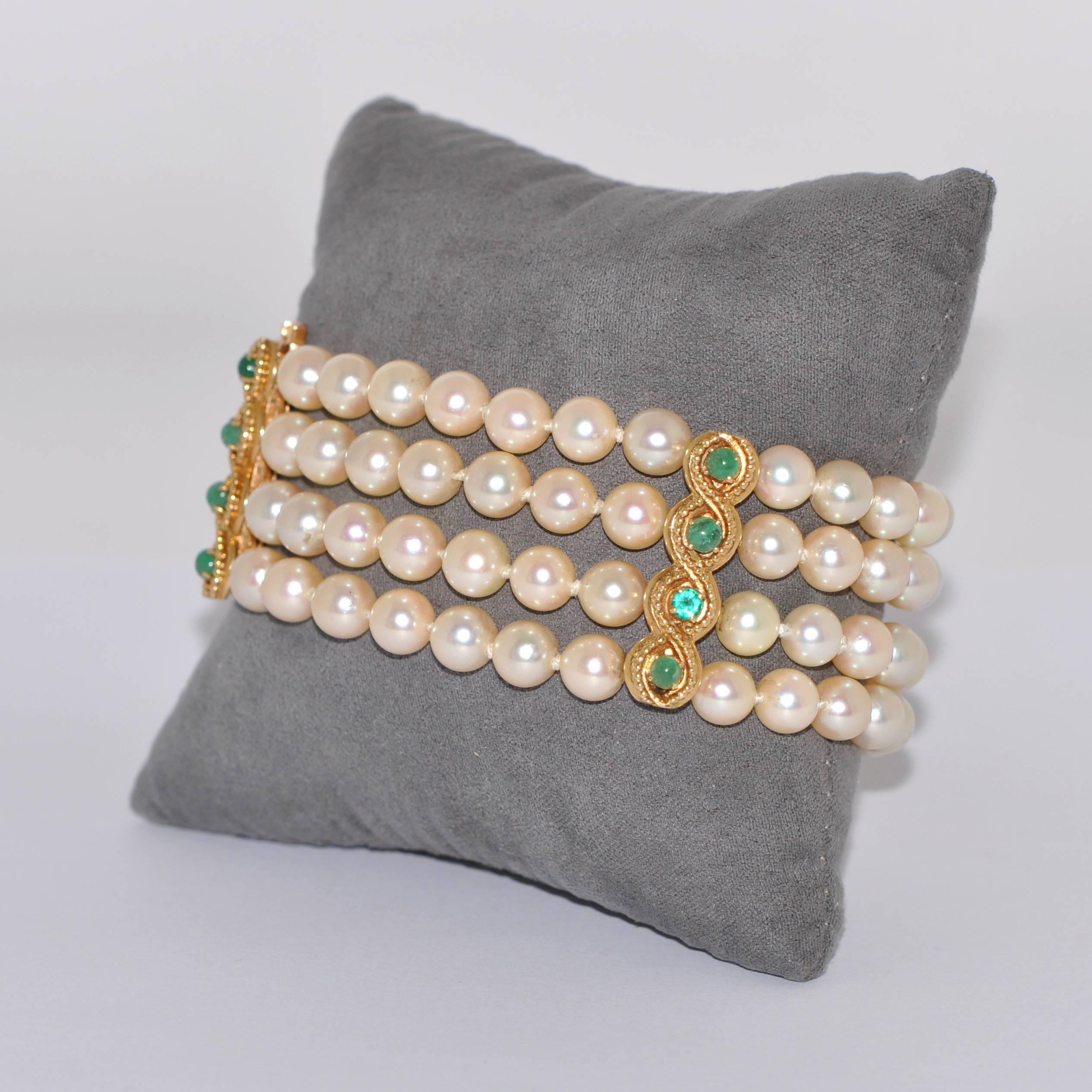 Pearls and Emeralds Yellow Gold Beaded Bracelet In Good Condition In Vannes, FR