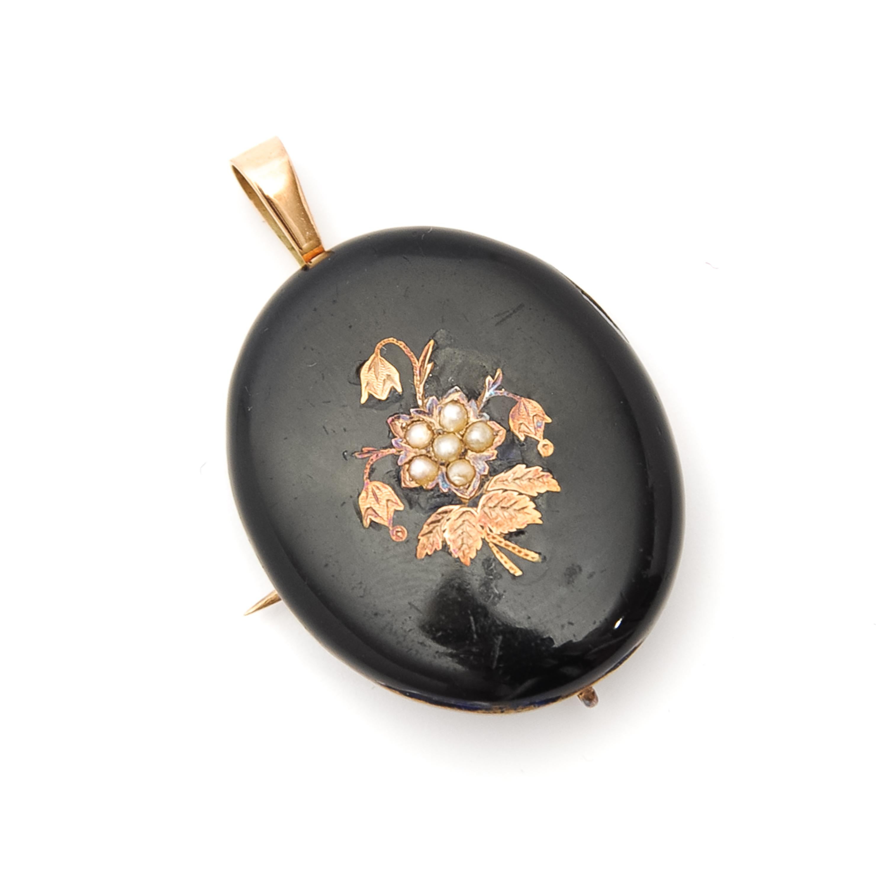 Victorian Antique Black Onyx Seed Pearl Gold Brooch Pendant For Sale