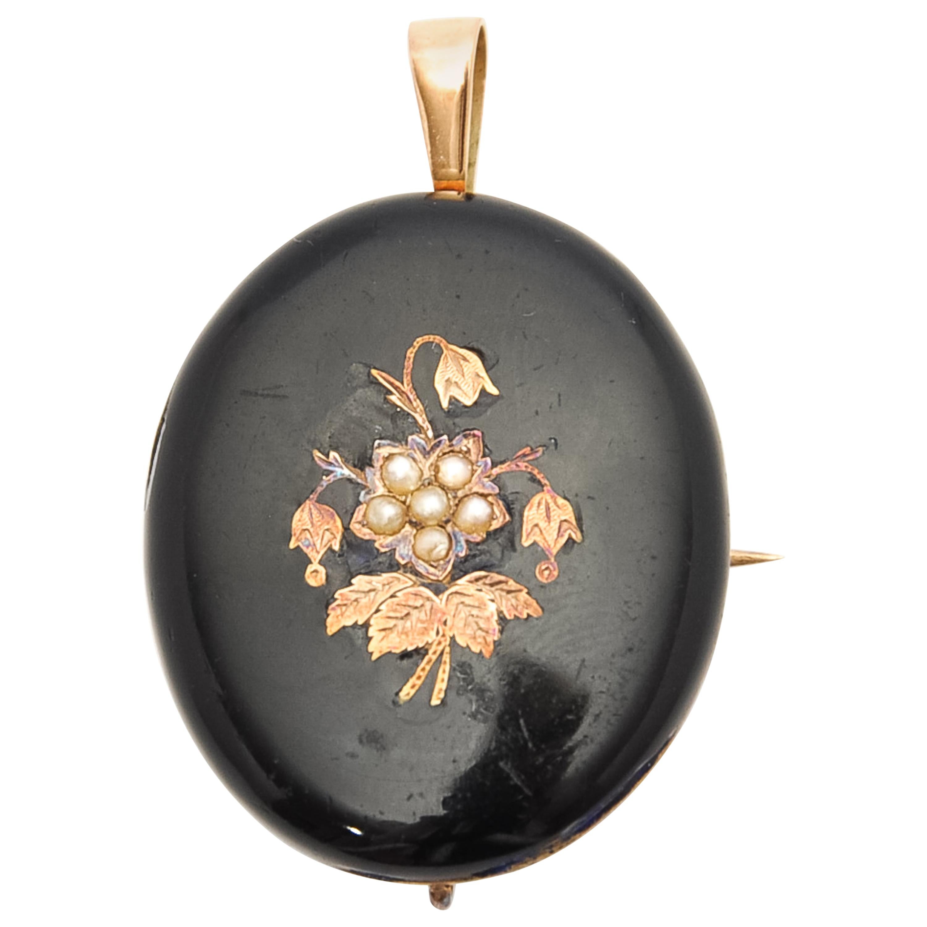 Antique Black Onyx Seed Pearl Gold Brooch Pendant For Sale