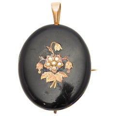 Victorian Black Onyx Seed Pearl 14K Gold Brooch Pendant