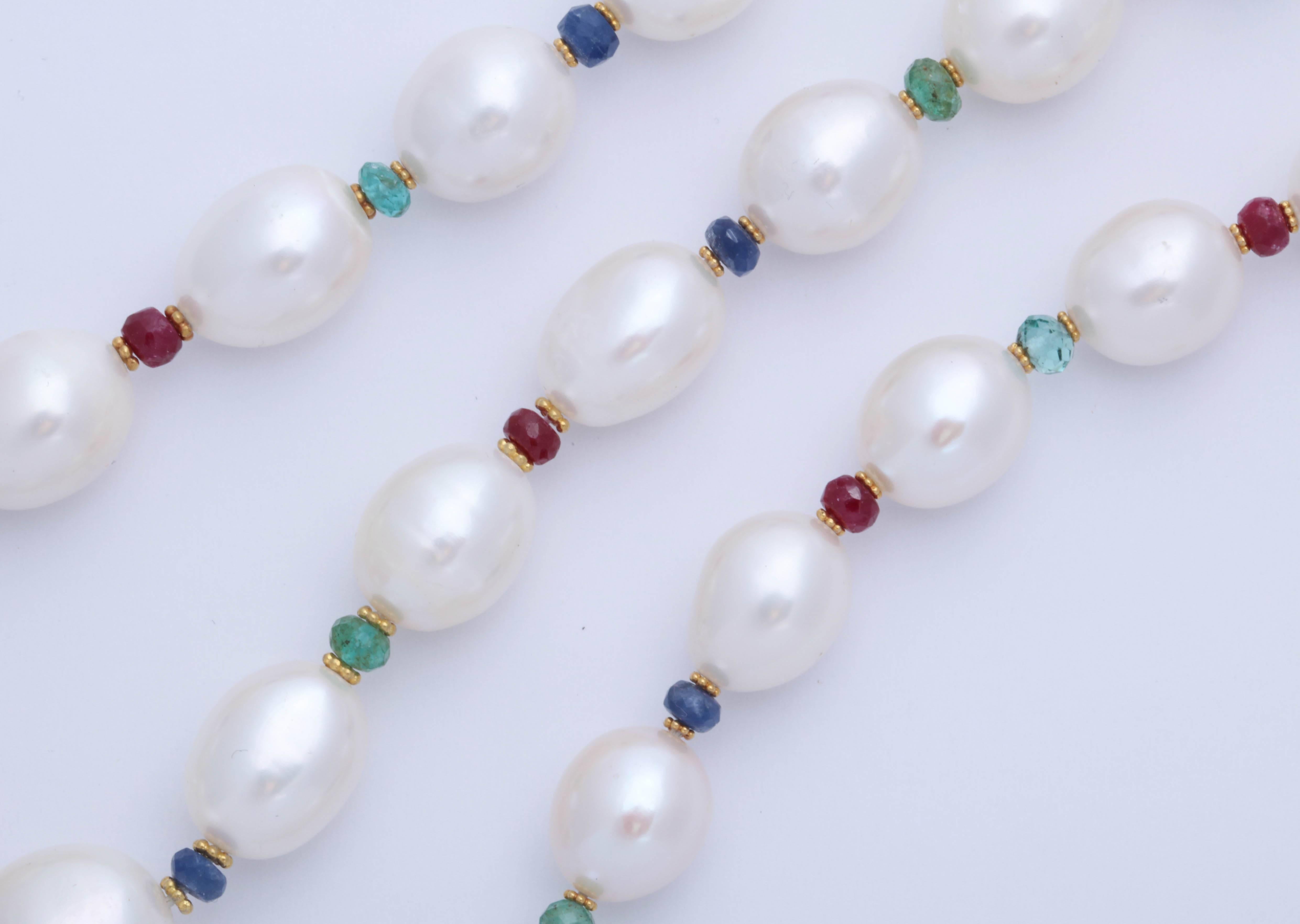 Modern Pearls and Precious Stone Bead Necklace For Sale