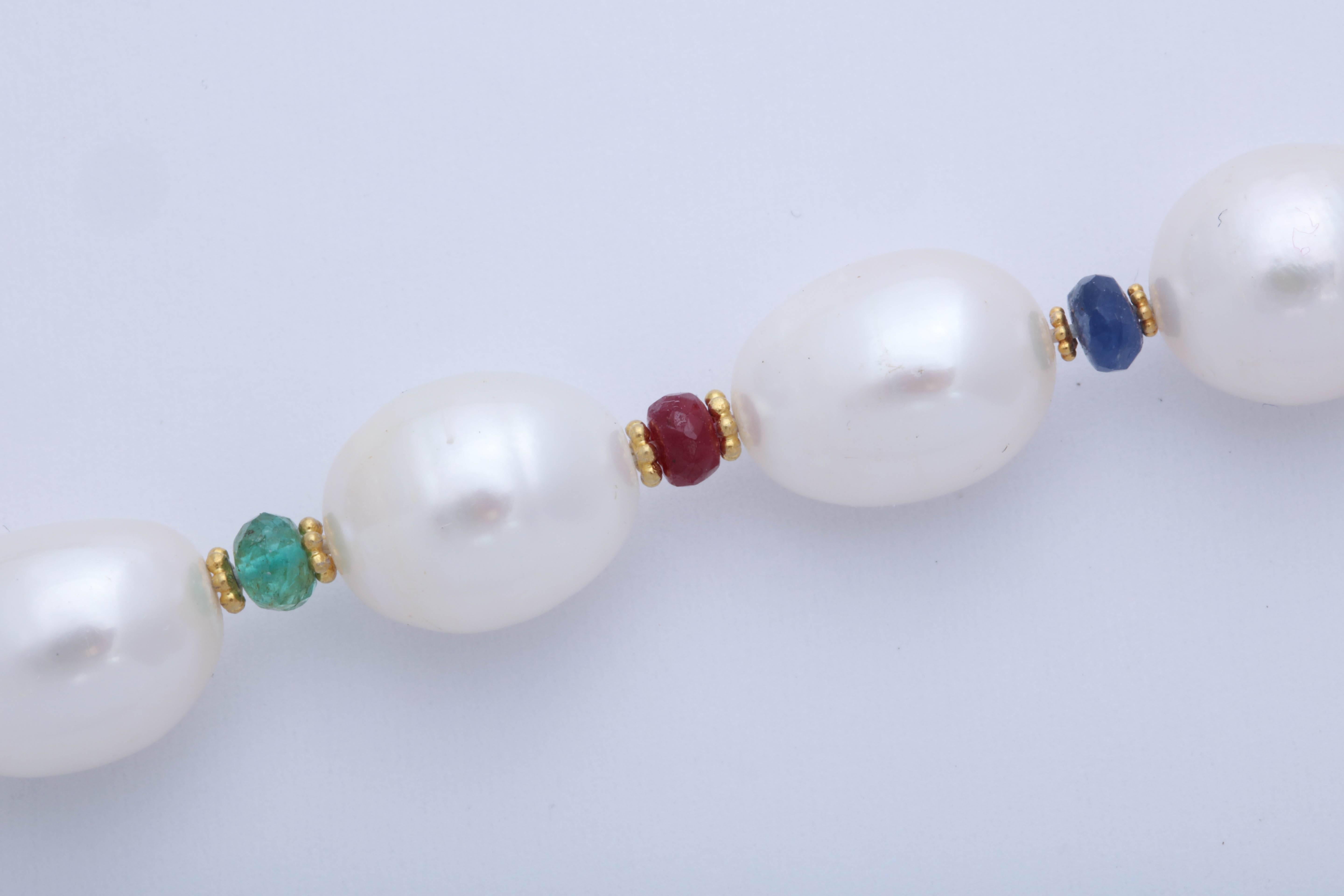 Women's or Men's Pearls and Precious Stone Bead Necklace For Sale