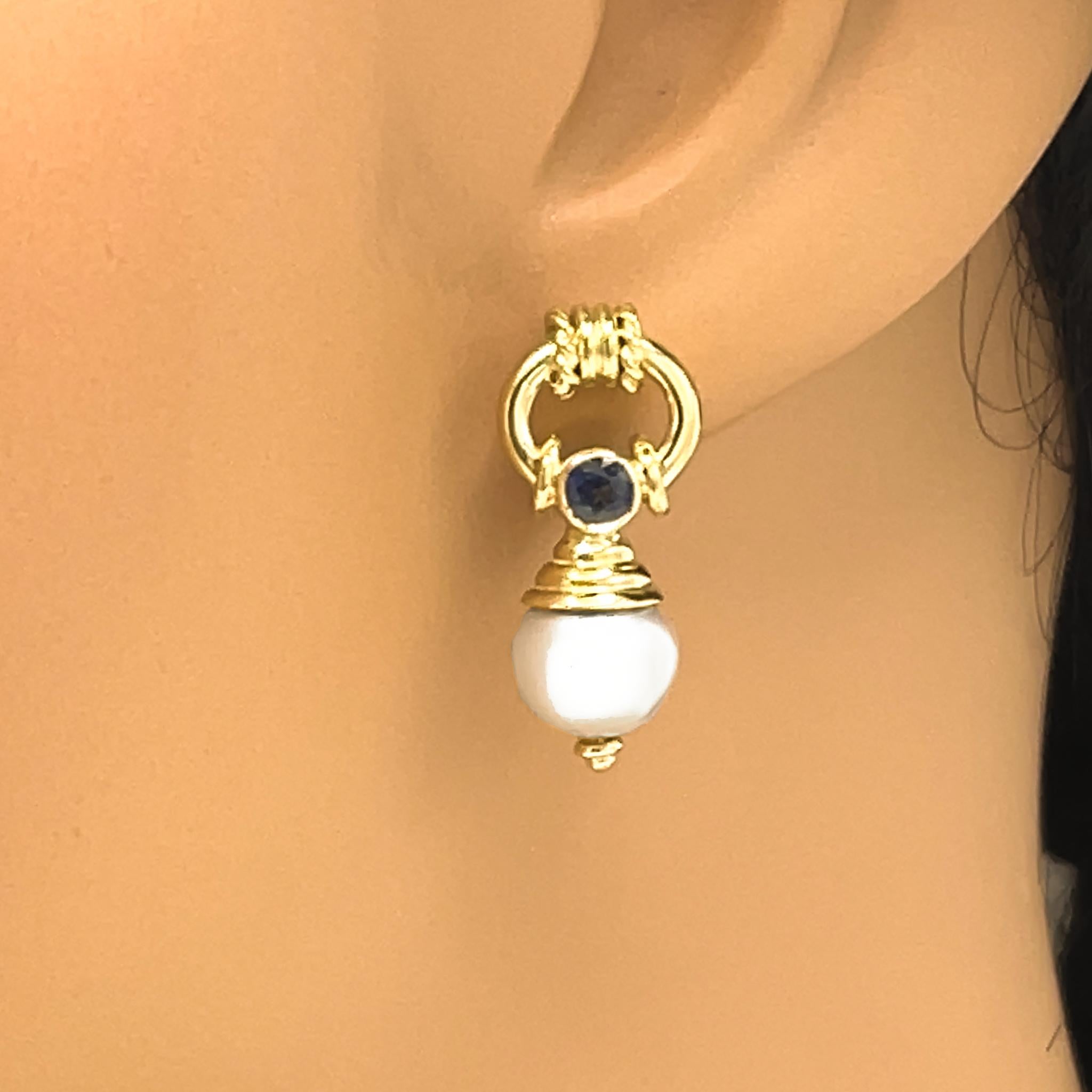 Round Cut Pearls and Sapphire Dangle Estate Earrings For Sale