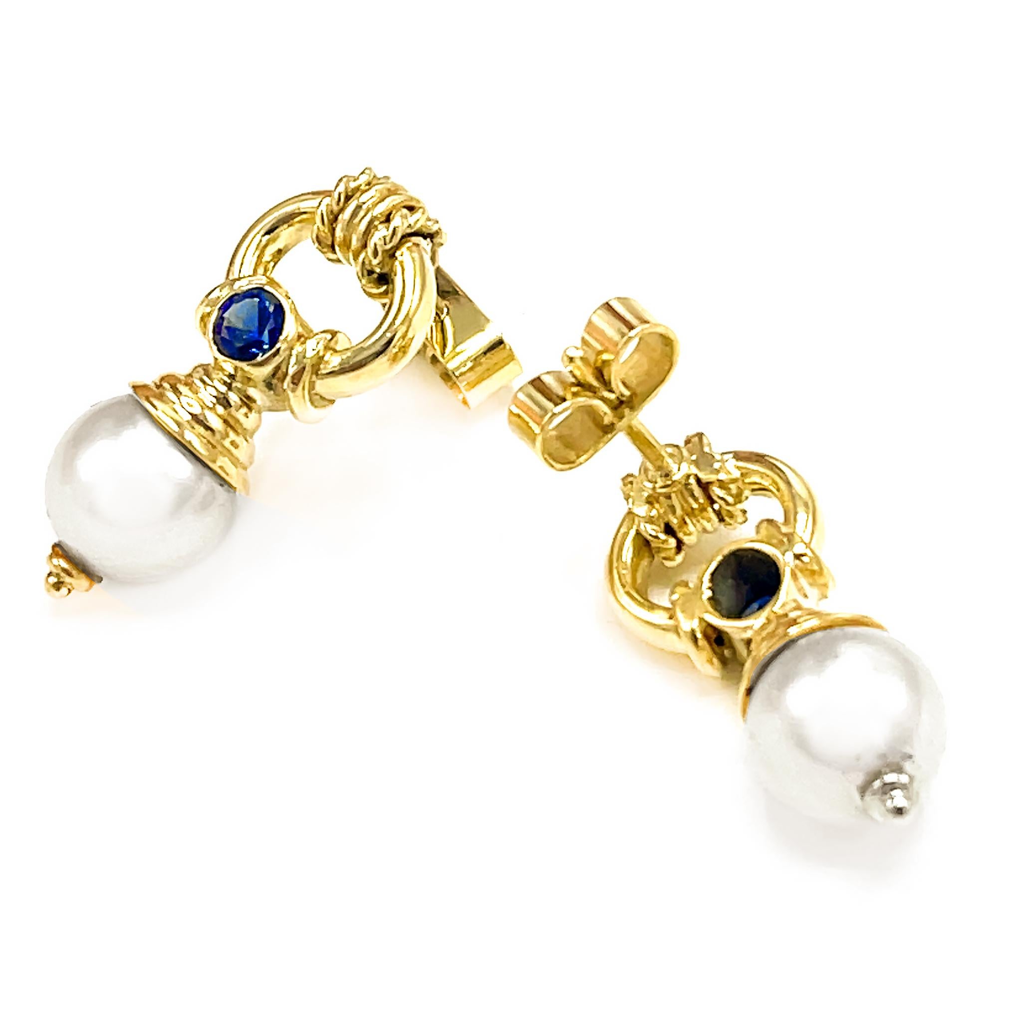 Women's Pearls and Sapphire Dangle Estate Earrings For Sale