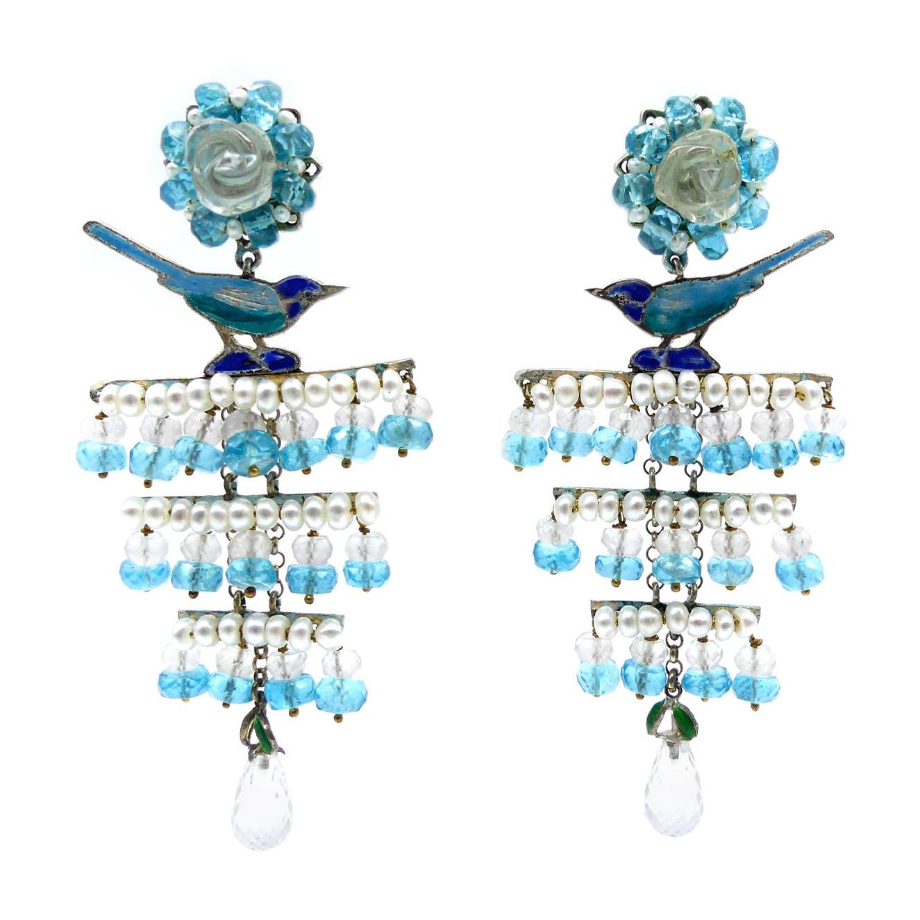 Pearls Apatites Quartz Roses Traditional Silver Enameled Earrings Vicente Gracia