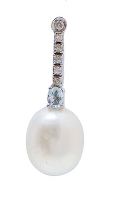 Pearls, Aquamarine Colour Topaz, Diamonds, 14 Karat White Gold Tennis Earrings.