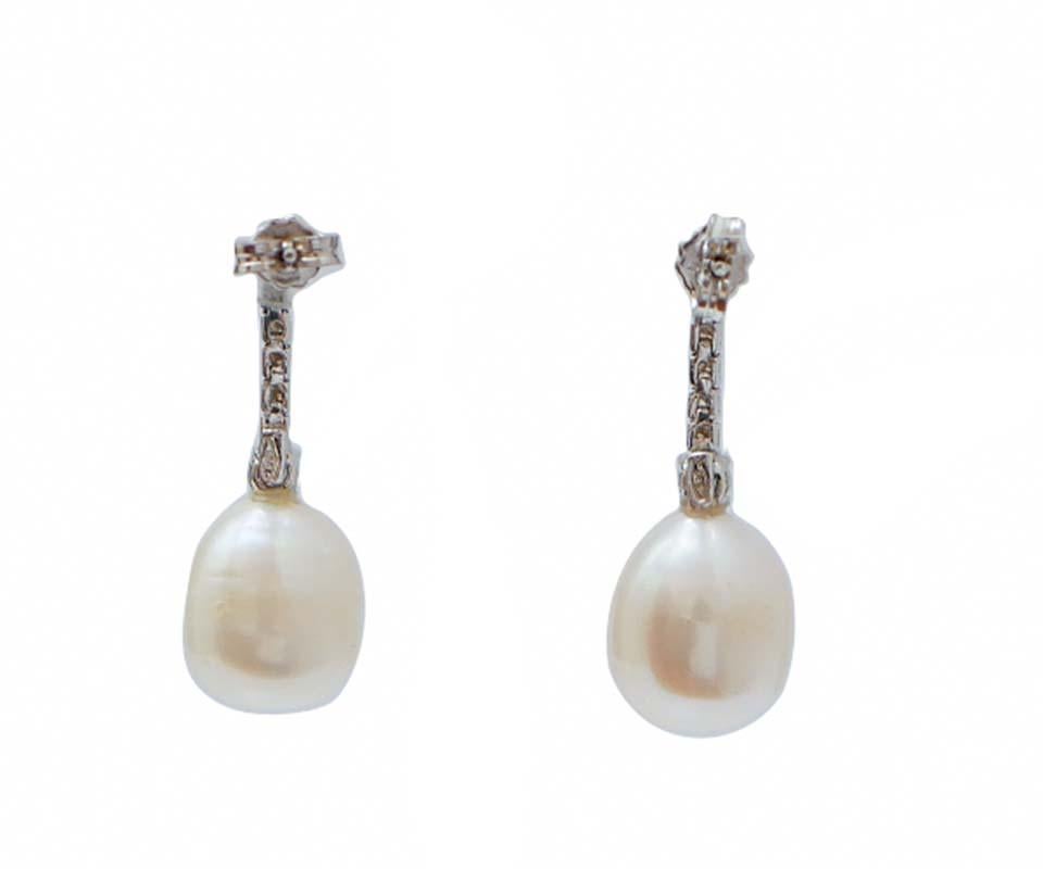 Retro Pearls, Aquamarine Colour Topaz, Diamonds, 14 Karat White Gold Tennis Earrings. For Sale