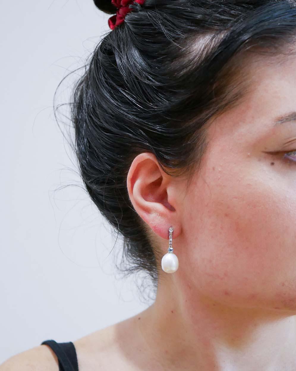 Mixed Cut Pearls, Aquamarine Colour Topaz, Diamonds, 14 Karat White Gold Tennis Earrings. For Sale