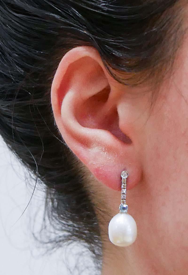 Pearls, Aquamarine Colour Topaz, Diamonds, 14 Karat White Gold Tennis Earrings. In New Condition For Sale In Marcianise, Marcianise (CE)
