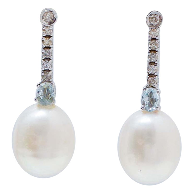 Pearls, Aquamarine Colour Topaz, Diamonds, 14 Karat White Gold Tennis Earrings.