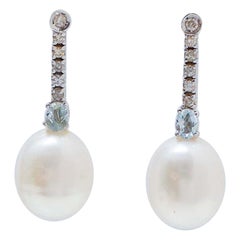 Pearls, Aquamarine Colour Topaz, Diamonds, 14 Karat White Gold Tennis Earrings.