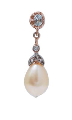 Pearls, Aquamarine Colour Topaz, Diamonds, Rose Gold and Silver Earrings.