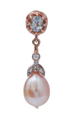 Pearls, Aquamarine Colour Topaz, Diamonds, Rose Gold and Silver Earrings.
