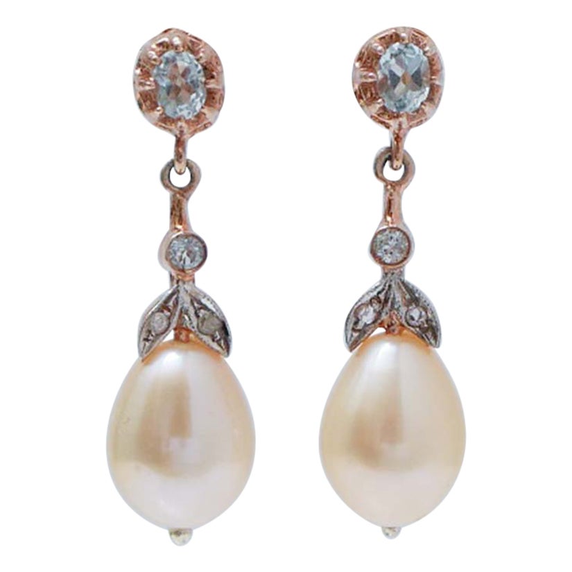 Pearls, Aquamarine Colour Topaz, Diamonds, Rose Gold and Silver Earrings.