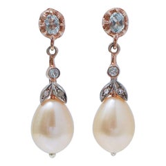 Perles, aigue-marine couleur topaze, diamants, boucles d'oreilles en or rose et en argent.