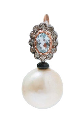 Pearls, Aquamarine Colour Topazs, Diamonds, Onyx, Rose Gold and Silver Earrings.