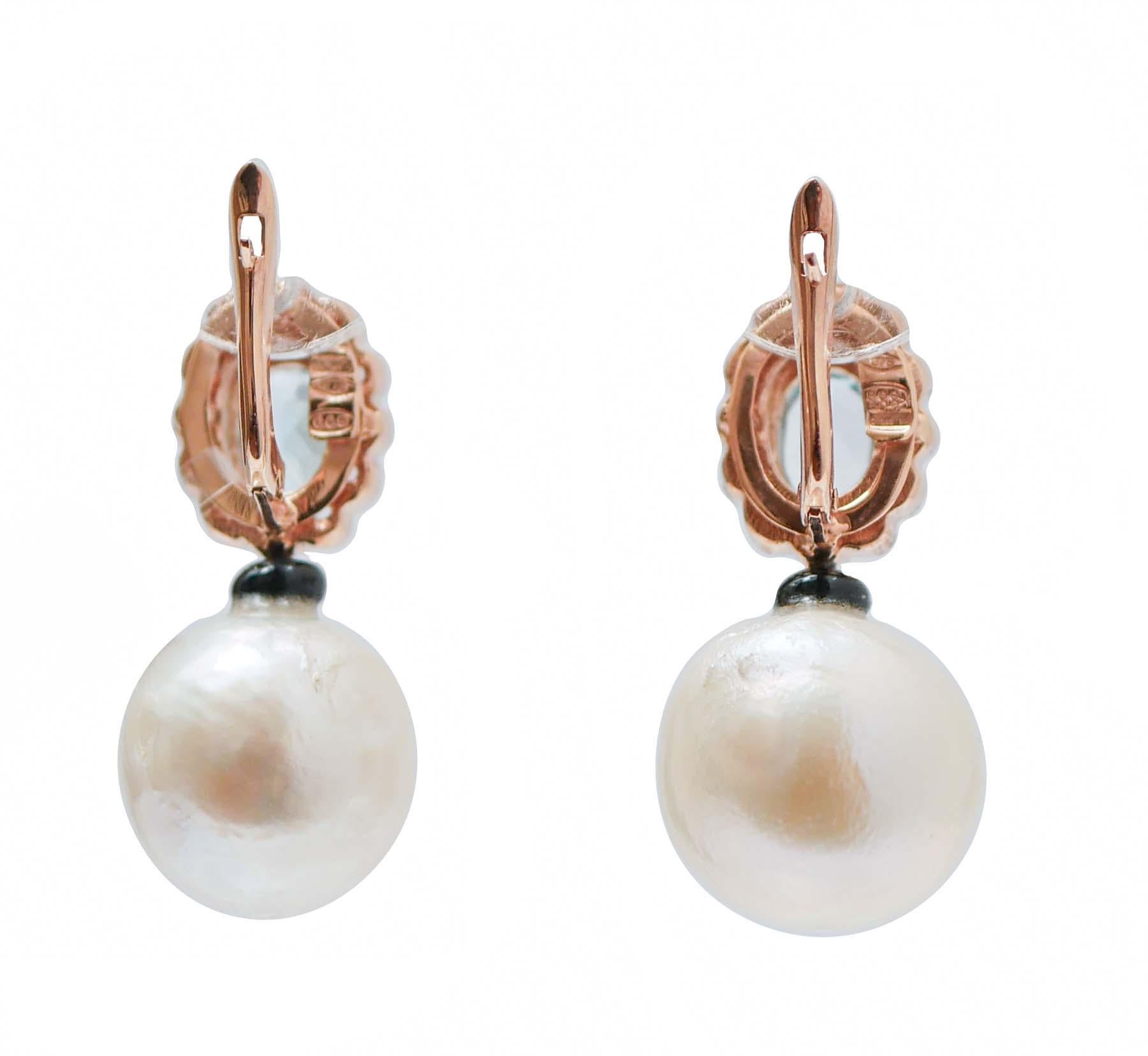 Retro Pearls, Aquamarine Colour Topazs, Diamonds, Onyx, Rose Gold and Silver Earrings. For Sale