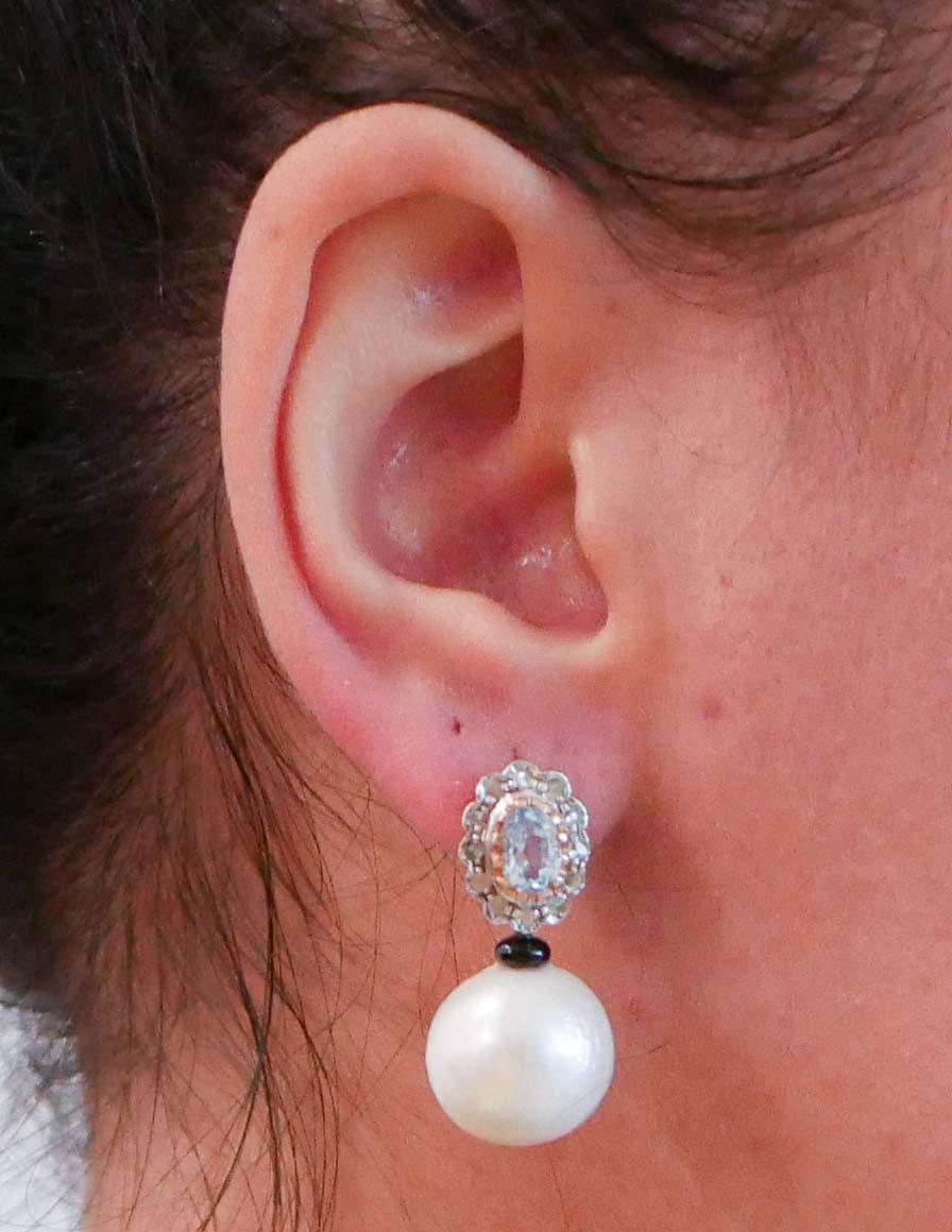 Boucles d'oreilles en argent et perles, topaze de couleur aigue-marine, diamants, onyx, or rose Neuf - En vente à Marcianise, Marcianise (CE)