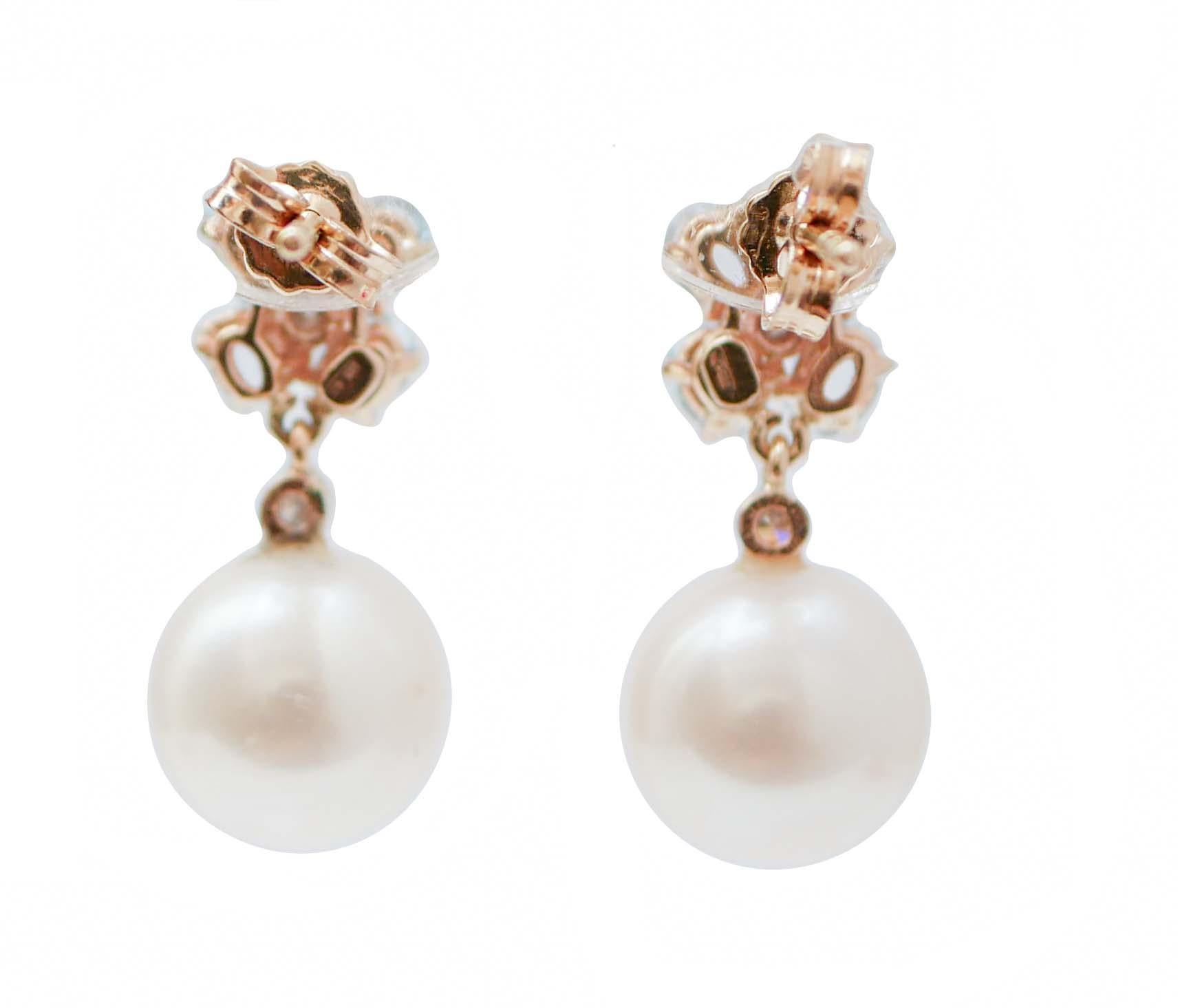 Retro Pearls, Aquamarine, Diamonds, 14 Karat Rose Gold Earrings.