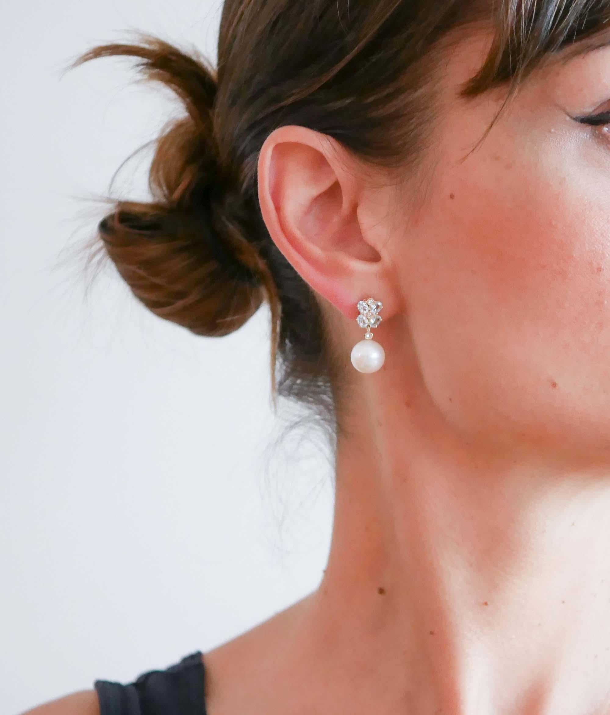 Mixed Cut Pearls, Aquamarine, Diamonds, 14 Karat Rose Gold Earrings.