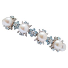 Pearls, Aquamarine, Diamonds, 14 Karat White Gold Bracelet.