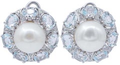 Pearls, Aquamarine, Diamonds, 14 Karat White Gold Earrings